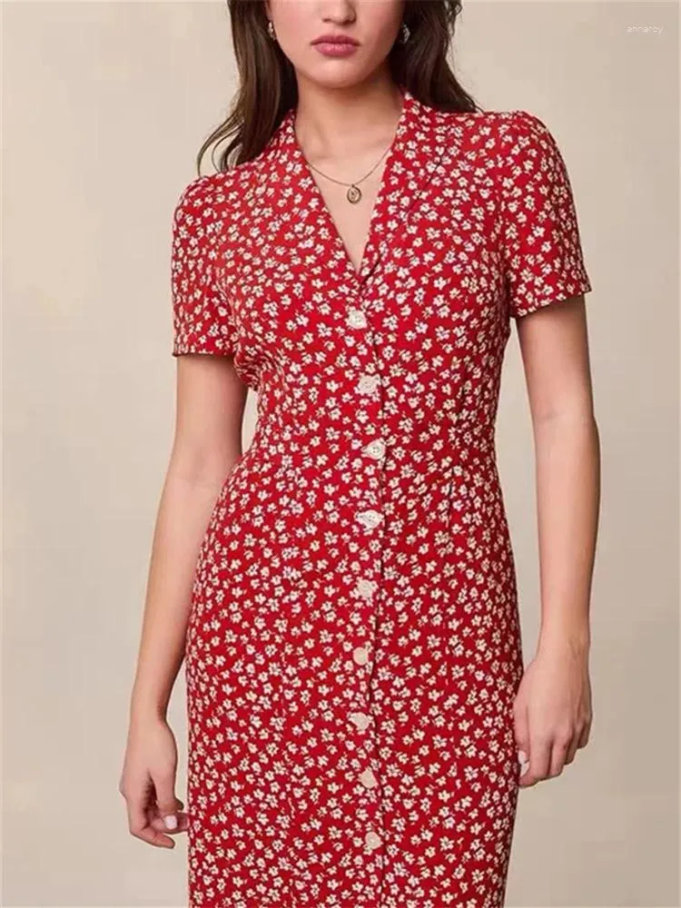 knee length dresses for ladies Red Split Neck Puff Short Sleeve Tiered Midi Dress main image 1
