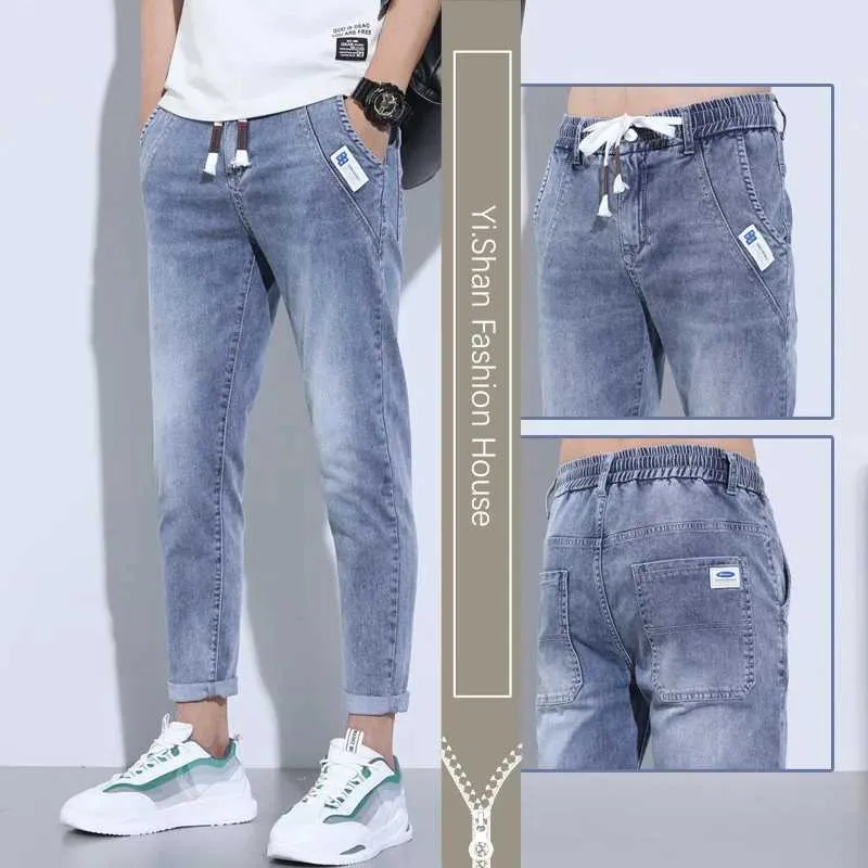 Mäns jeans 2023 Nya sommaren Slim Korean Street Luxury Work Pants Mens elastiska midja jogging jeans arbetskläder denim jeansl2405