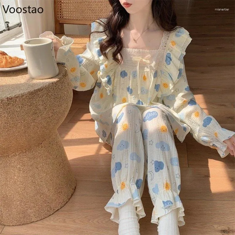 Dames slaapkleding schattig lolita prinses pyjamas vrouwen zoete boog ruches cartoon print pijama's lange mouw huiskleding vrouwelijke kawaii pyjama's