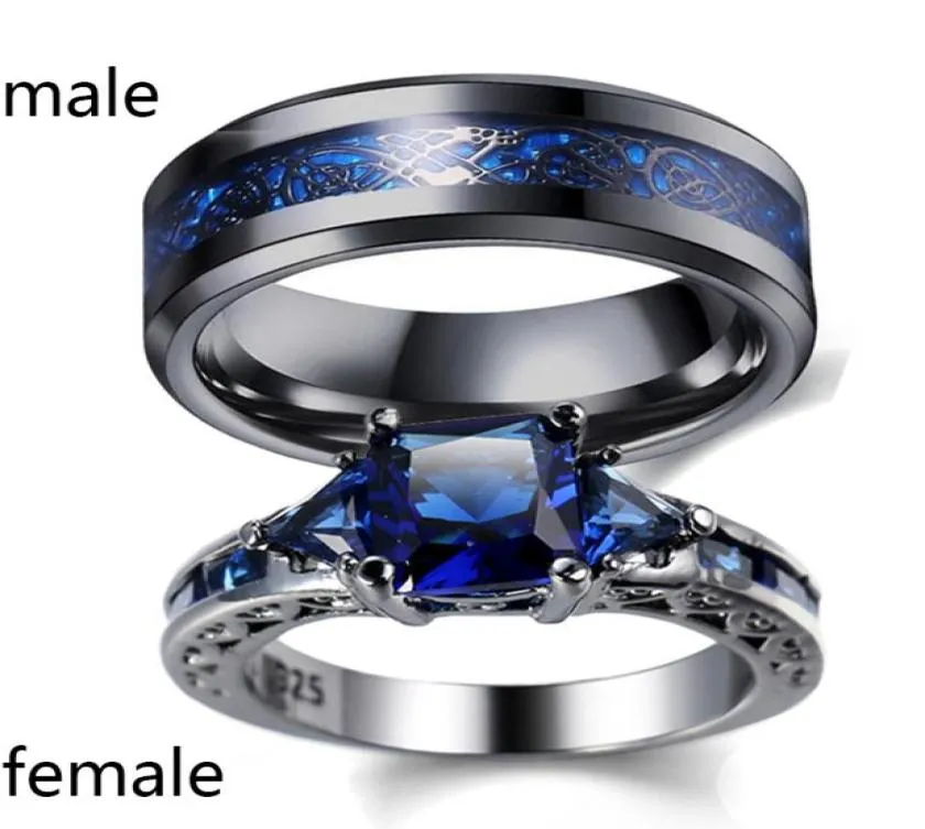 SZ612 Deux anneaux Coupages Sonnets Her Her Sien Blue Zircon Black Gold rempli Femmes039S Ring Dragon Pattern Indexless Steel Men039S3303085