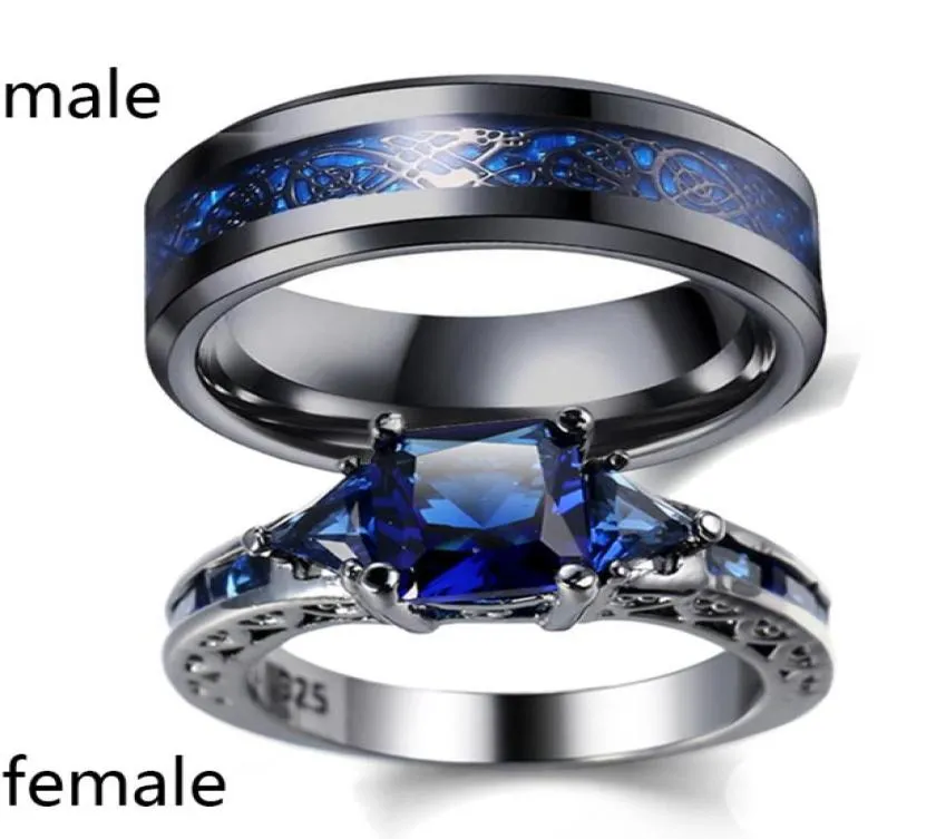 SZ612 Twee ringen paar rings zijn haar haar blauw zirkon zwart goud gevulde dames039s ring draak patroon roestvrij staal Men039S3303085