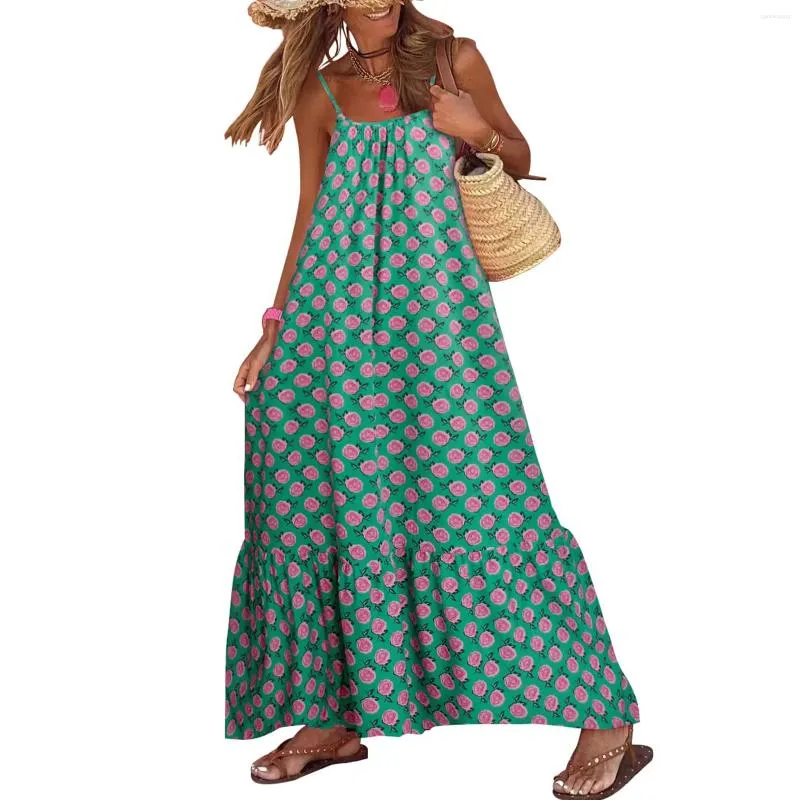 Casual Dresses Women Boho Long Dress Summer Loose Spaghetti Strap Party Sleeveless Print överdimensionerad strand sundress