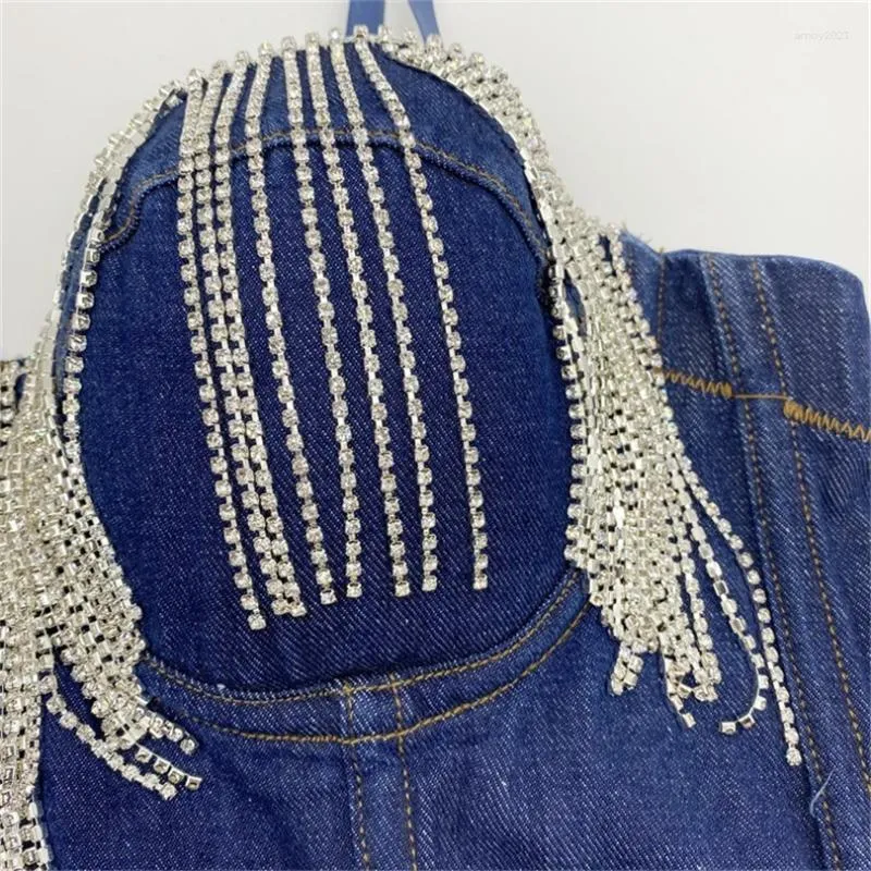 Damestanks zomer casual sexy denim camis vrouwen kwastje keten push omhoog bustier bh nachtclub tanktop vest mouwloze bijgesneden vrouw