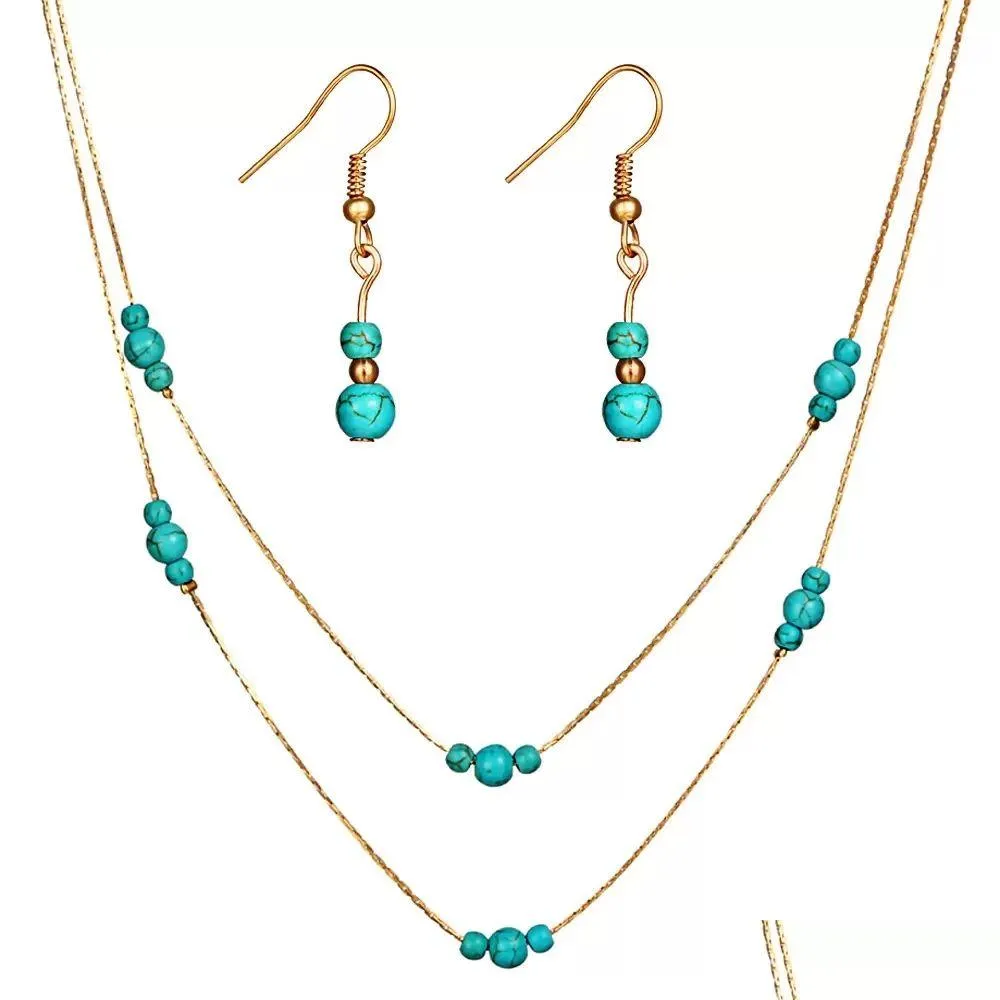 Hanger kettingen gloednieuwe vintage turquoise sieraden sets blauwe ketting oorring ring set drop levering hangers dhtho