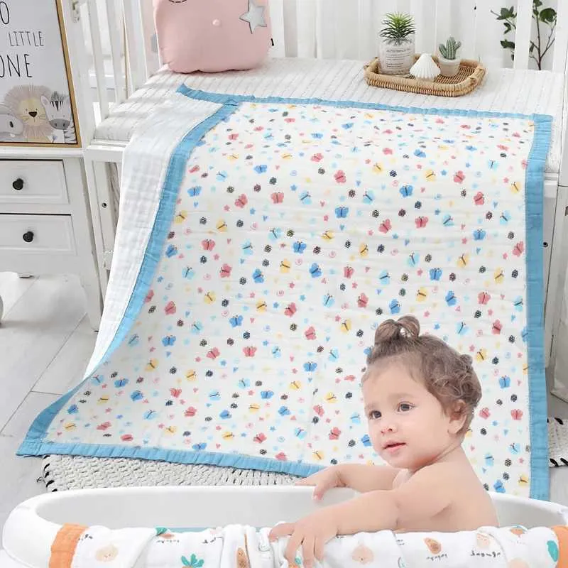 Quilts Baby blanket with a thickness of 110X100cm made of pure cotton with 6 layers. Newborn bath towel packaging blanket swaddle soft printed childrens blanketL2405