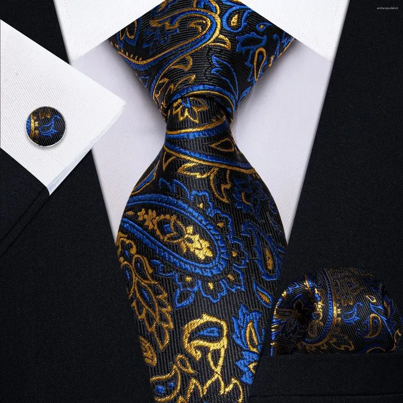 Bow Ties Retro Luxury Blue Gold Paisley Men Black Tie For Office Party Wedding Fashion Handduk Manschettknappar Set grossist Yourties