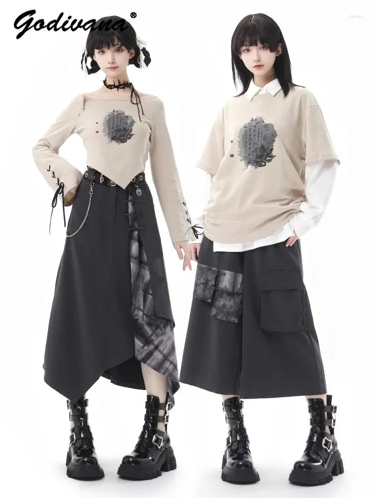 Arbetsklänningar 2024 vår sommarkvinnor av axel långärmad topp oregelbunden grå kjol mode outfits flickor t-shirt breda ben byxor set