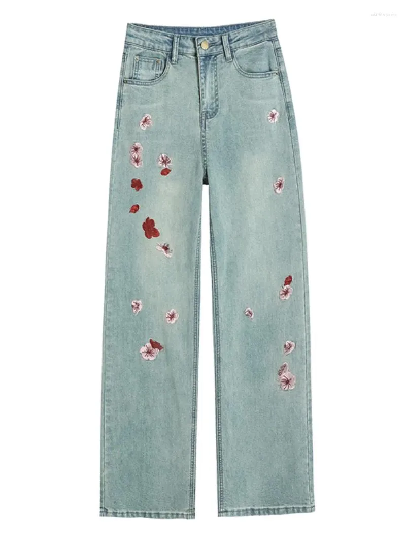 Damenjeans 2024 Sommer Koreanische Mode bestickt mit hoher Taille Vintage Blue Jeanshose Schlanke Weitbeinhosen