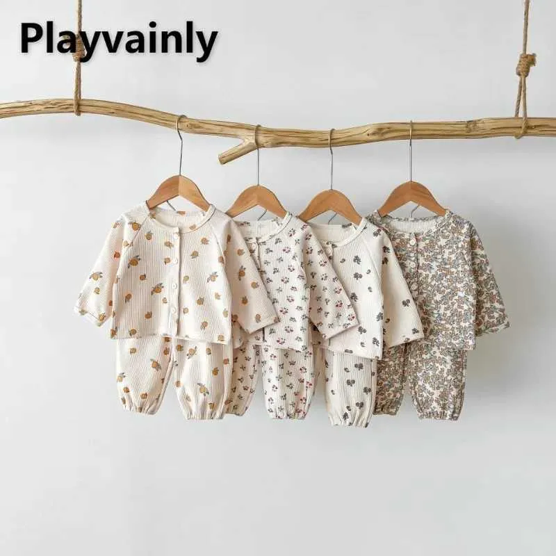 Pyjama's Koreaanse stijl Spring herfst babyjongen meisje schattige afdruk o-neck lange mouw top+broek baby huis slijtage nachthemd H240507