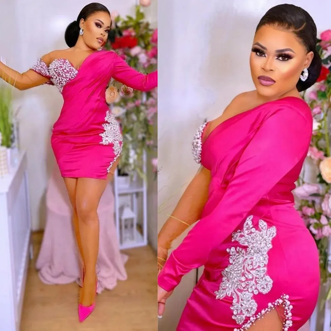 Fuchsia Plus Size Aso ebi cocktailjurken Illusie Lange mouwen Korte mini -jurken Graducatie Dress Homecoming Club Outfit Verjaardagsjurken voor zwarte meisjes