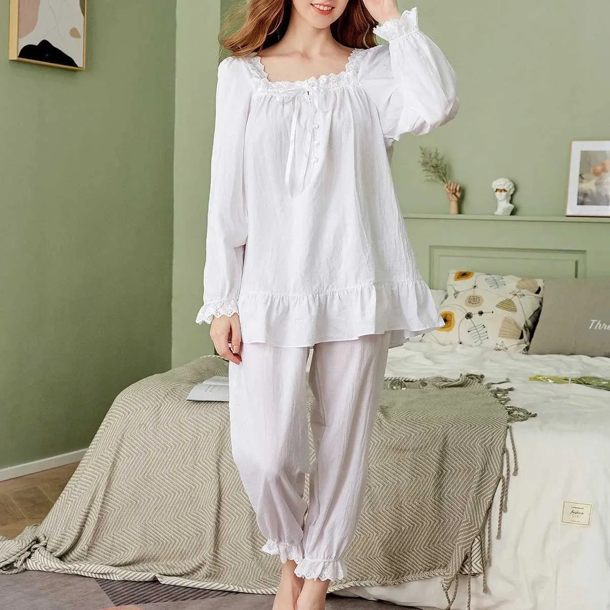 Salón para dormir para mujeres Women White Princess Sleepwear Pajamas de algodón puro Juntos Vintage Collar Collar Collar Long Sleep Tops Bottals Bloomers Pantalones