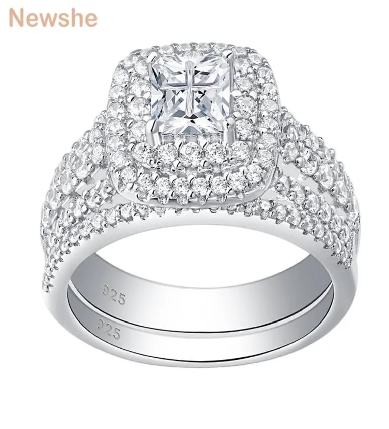 Newshe 925 Sterling Silber Halo Ehering Set für Frauen eleganter Schmuck Prinzessin Cut Cubic Zirkonia Verlobungsringe J01128126599