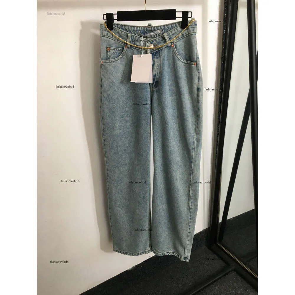 Marka dżinsów Kobiety Designer Designer Pants moda łańcuch łańcucha pasa dżinsowe spodnie kobiety wakacyjne mycie, aby zrobić stare talia szerokie nogi dżinsowe spodnie 06 marca