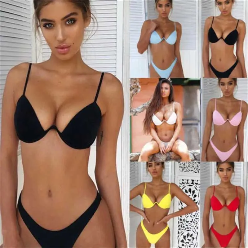 Dames Swimwear Solid Sexy Bikini 2019 Summer Swimwear Women Swimsuit Push Up Bandeau Bra Bra Bandage Dames Zwempak Solid Monokini Biquini Y240506