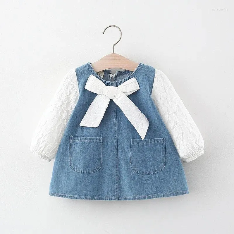 Girl Dresses Clothes Spring Autumn 0-5y Solid Denim Princess Long Sleeve Dress 3color 80-120 Children Kids Baby Girls