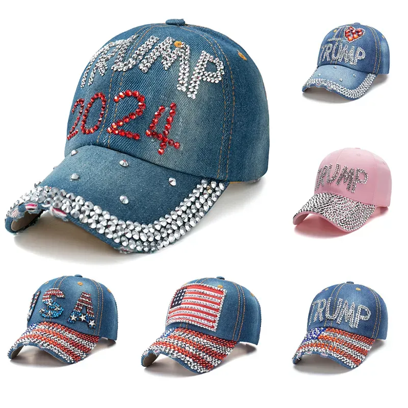 Trump 2024 Baseball Cap ajustável Snapback Denim Diamond Hat for Women 6 Styles ZZ