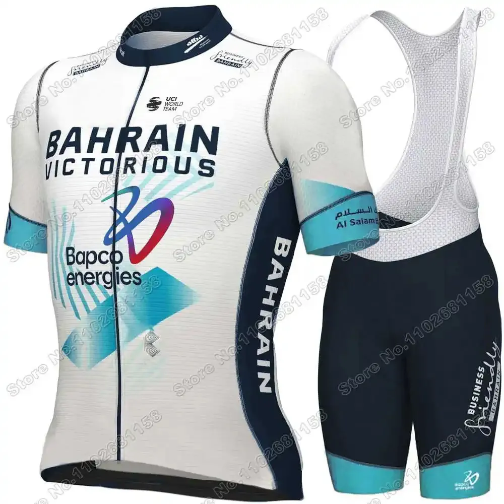 Team Bahrain Victorious Cylersey Jersey Set White Summer Clothing Kit Kit Bike Stupt Shorts 240506