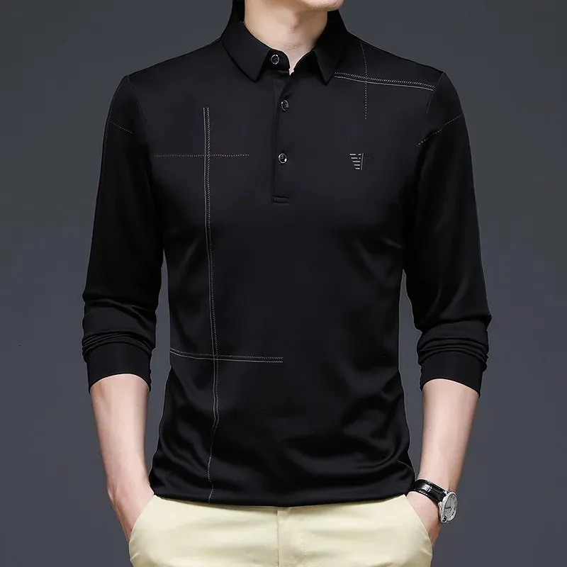 2023 Summer Thin Mens Ice Silk Longsleeved Tshirt Lapel Polo Shirt Loose Spring and Autumn Clothes Top 240426