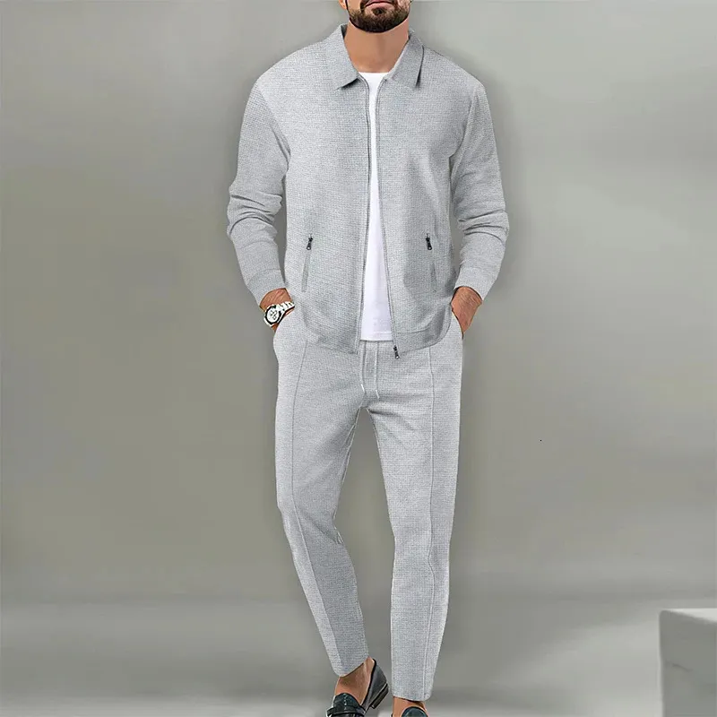 LAPEL SLIM FITING MANA POAT WAFLLE DUMPER FICK Långärmad sportkläder Man Cardigan Jacket Set Pants Elegant Herrkläder 240429