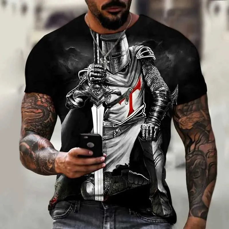 Herr t-shirts vintage 3d t-shirt riddare templar tryckt mode avslappnad kort slve nya sommartoppar t strtwear överdimensionerade harajuku t-shirt t240505