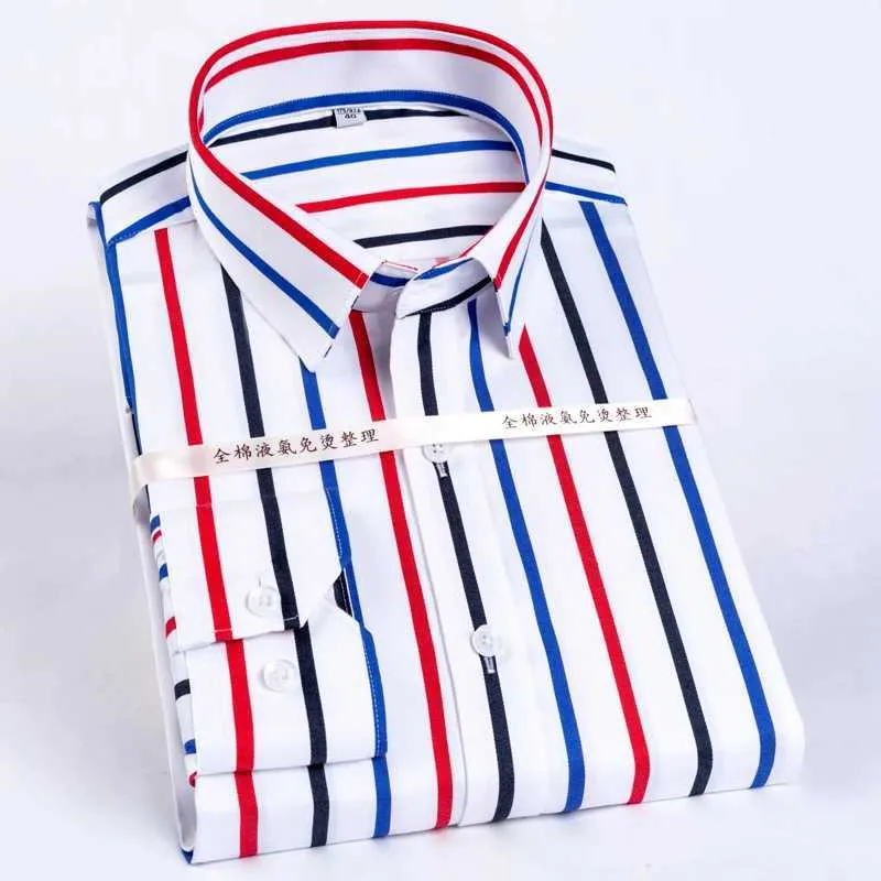 Camisas de vestido masculinas blocos de cor masculino Camisa de vestido resistente a rugas listrada colar de abastecimento de lavagem longa Camisas de algodão puro casual D240507