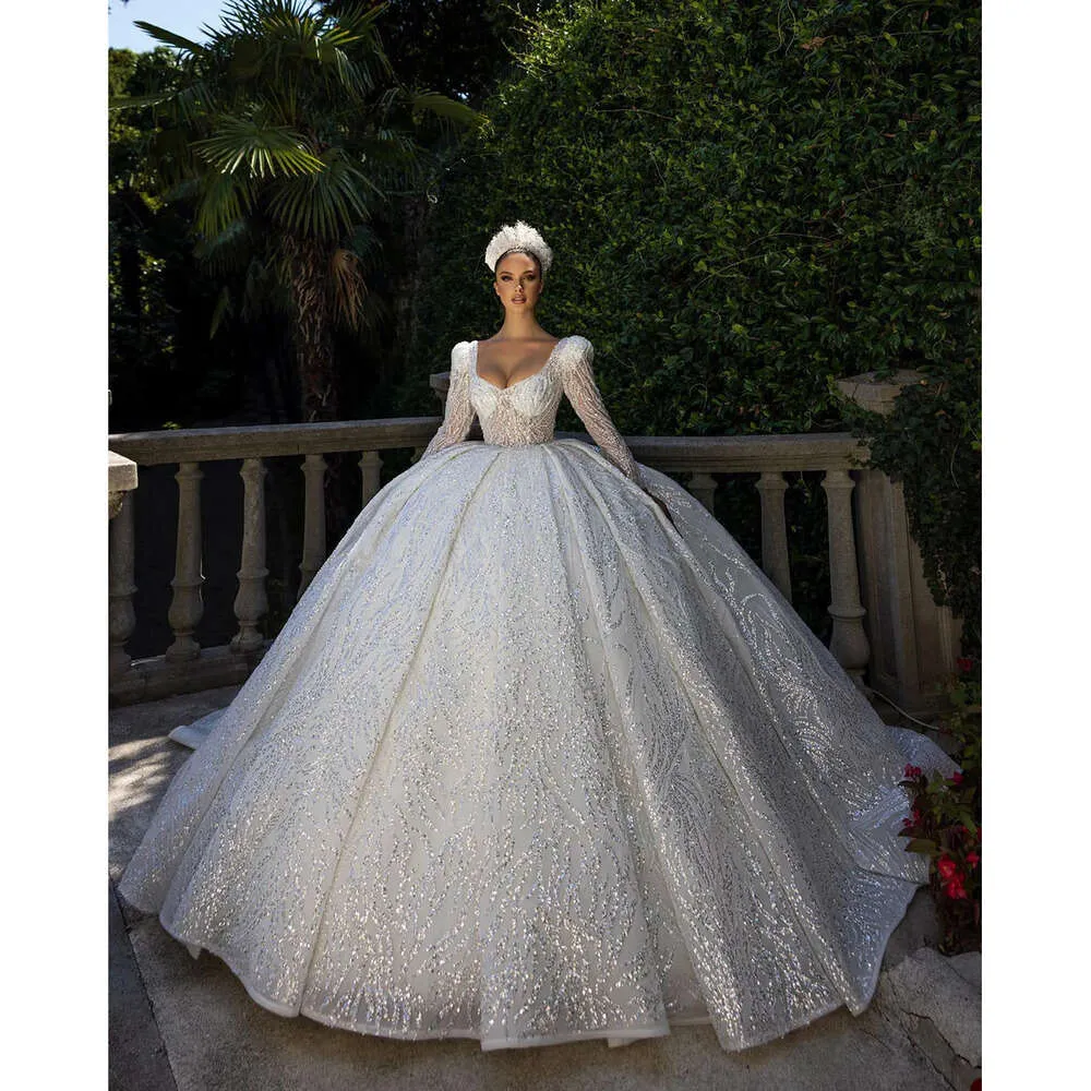 Dresses Long Gorgeous Square Ball Sleeves Wedding Whole Body Shining Applicant Backless Chapel Custom Made Bridal Gown Vestidos De Novia
