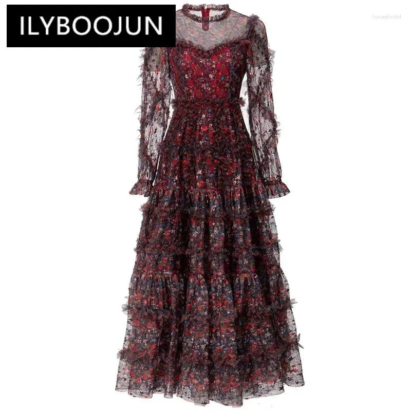 Casual Dresses Ilyboojun modedesigner Autumn Mesh Dress Women o-Neck Lantern Sleeve Ruffles Flower Print Vintage Party Long Long