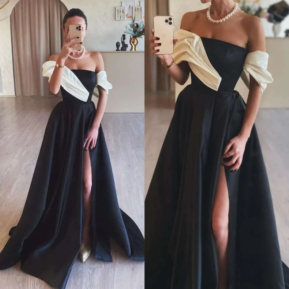 Schwarz Prom Elegantes Kleid weiß von Schulter formeller Abend Elegant geteilte Partykleider für besondere OCNS Promdress Es Dress