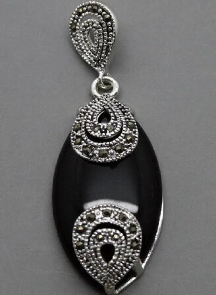 Vintage 18 mmx40 mm Marcasite Black Agates 925 Sterling Silver Drop Pendant4133548