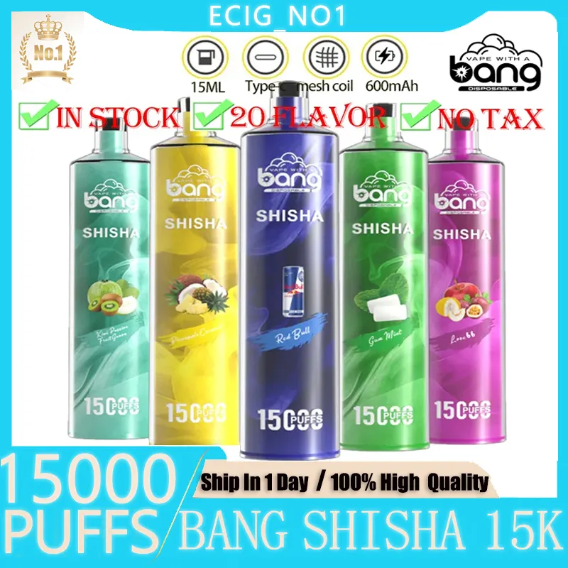 Оригинал Bang Shisha 15000 Puffs Одноразовые вейп -ручка Puff 15k Vape 0% 2% 3% 5% Уровень 15 мл.