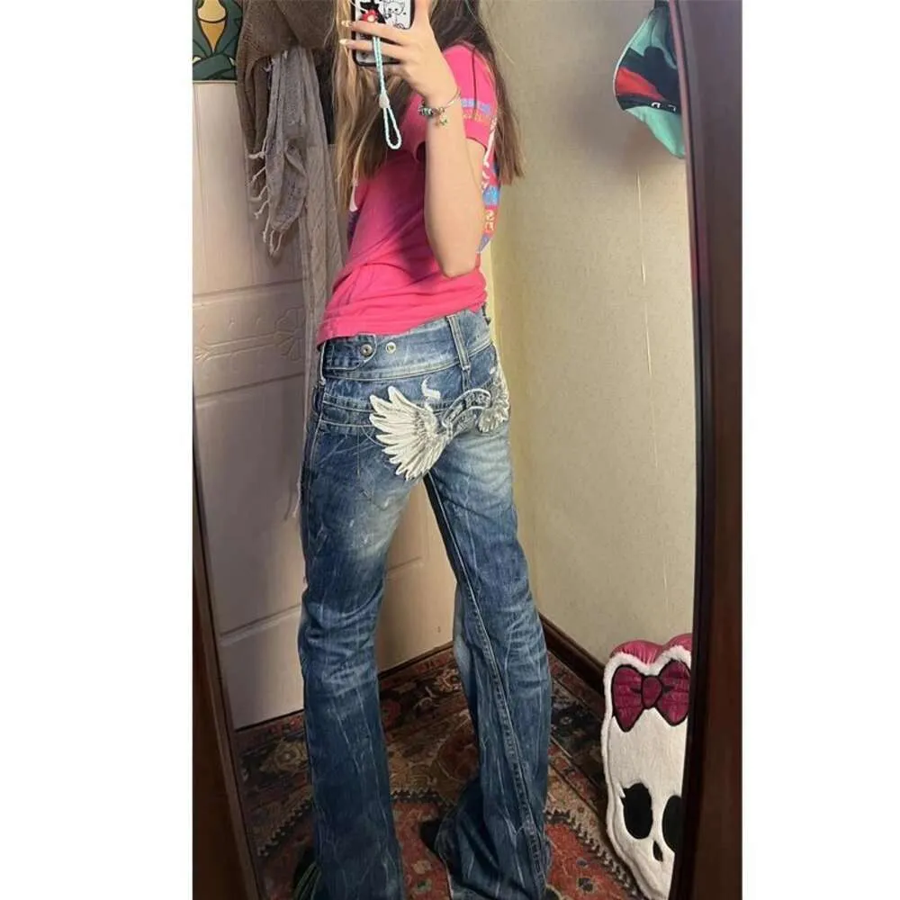 jeans femminile y2k girl piccy ragazza ali di industria pesante ricamata da donne pieghevoli pantaloni lunghi a bassa vita