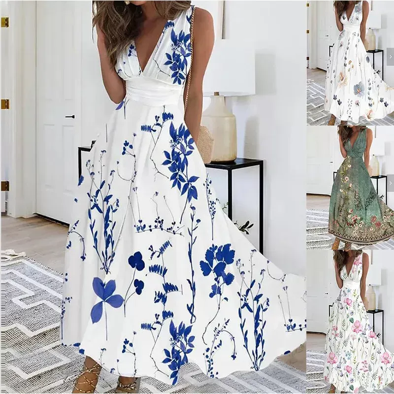 Dr Women s Floral Print Maxi Dress with Plunging Neckline for Elegant Summer Style