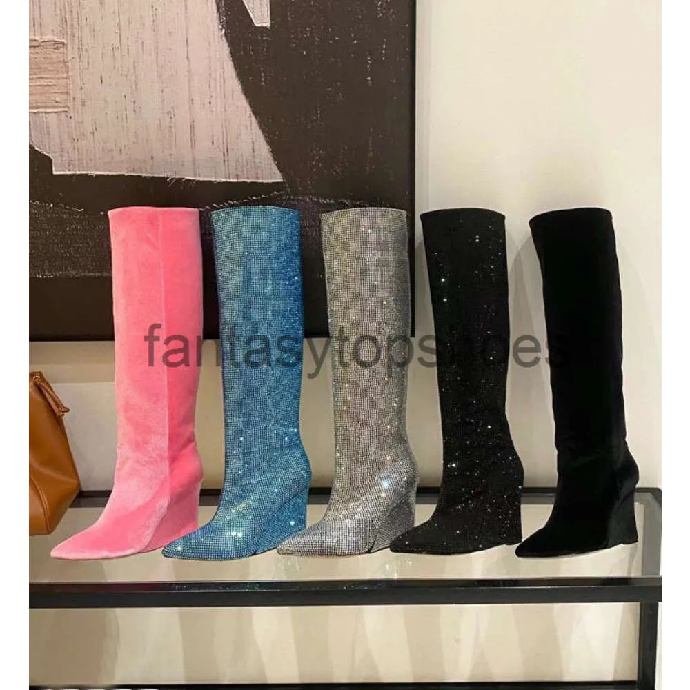 JC Jimmynessity Choo Boots Boots Quality Talon High Slope Fashion Suede Crystal Geatine Le cuir cousu High Heel Chaussures Party Mariage Courte Jupe sur le genou SHO 81UB