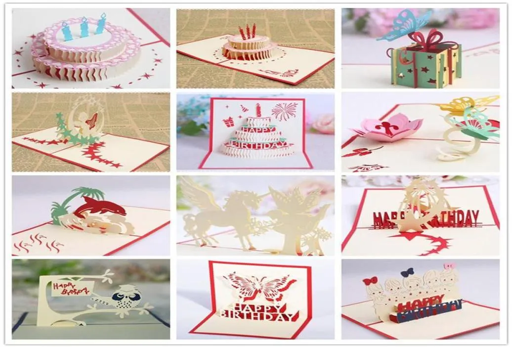 décorations de fête d'anniversaire pour enfants cartes de voeux de fête d'anniversaire faveurs 3d cartes pop-up anniversaire cartes de voeux 12 styles par lot264l28056645
