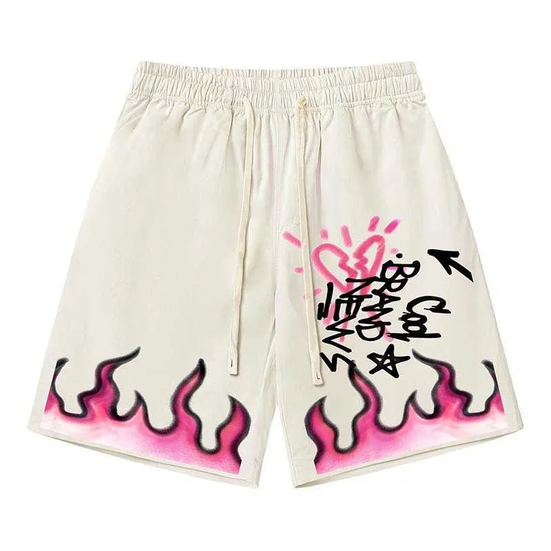 Herren-Shorts American Street Trendy Hip-Hop Flame Letter Printed Draw String Shorts für Männer und Frauen trendy losen Sports Casual Hosen H240508