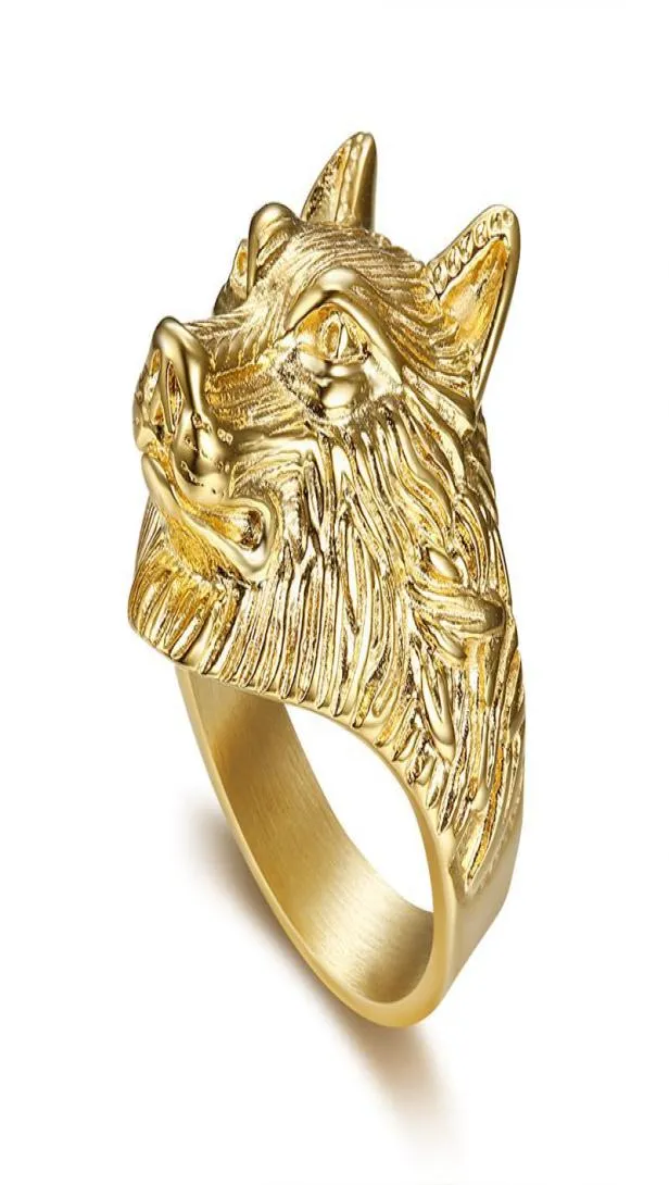 Fashion Wolf Head Ring Gold Color 316l en acier inoxydable Anneau Men Personomality Animal Nordique Bijoux populaire Gift8637537