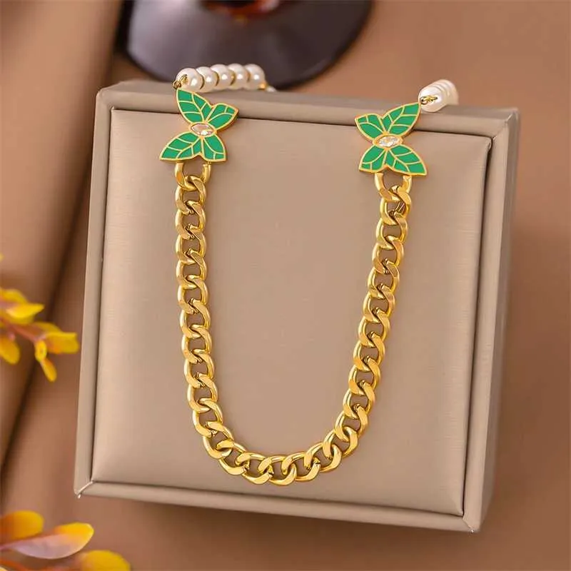 316L Stainless Steel New Fashion Fine Jewelry Zircon Pearl Green Butterfly Charm Chain Necklaces Bracelets Earrings For_voghion.com