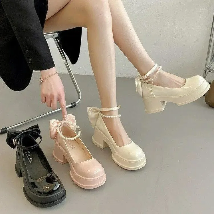 Chaussures habillées femmes plate-forme épaisse Mary Janes Lolita Pumps Pumps Summer 2024 High Heels Sandals Bow Chain Mujer Oxford Zapatos