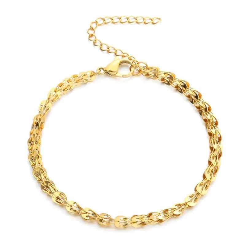 Gold Chain Bracelet Minimalist Feather Bangle Stainless Steel_voghion.com