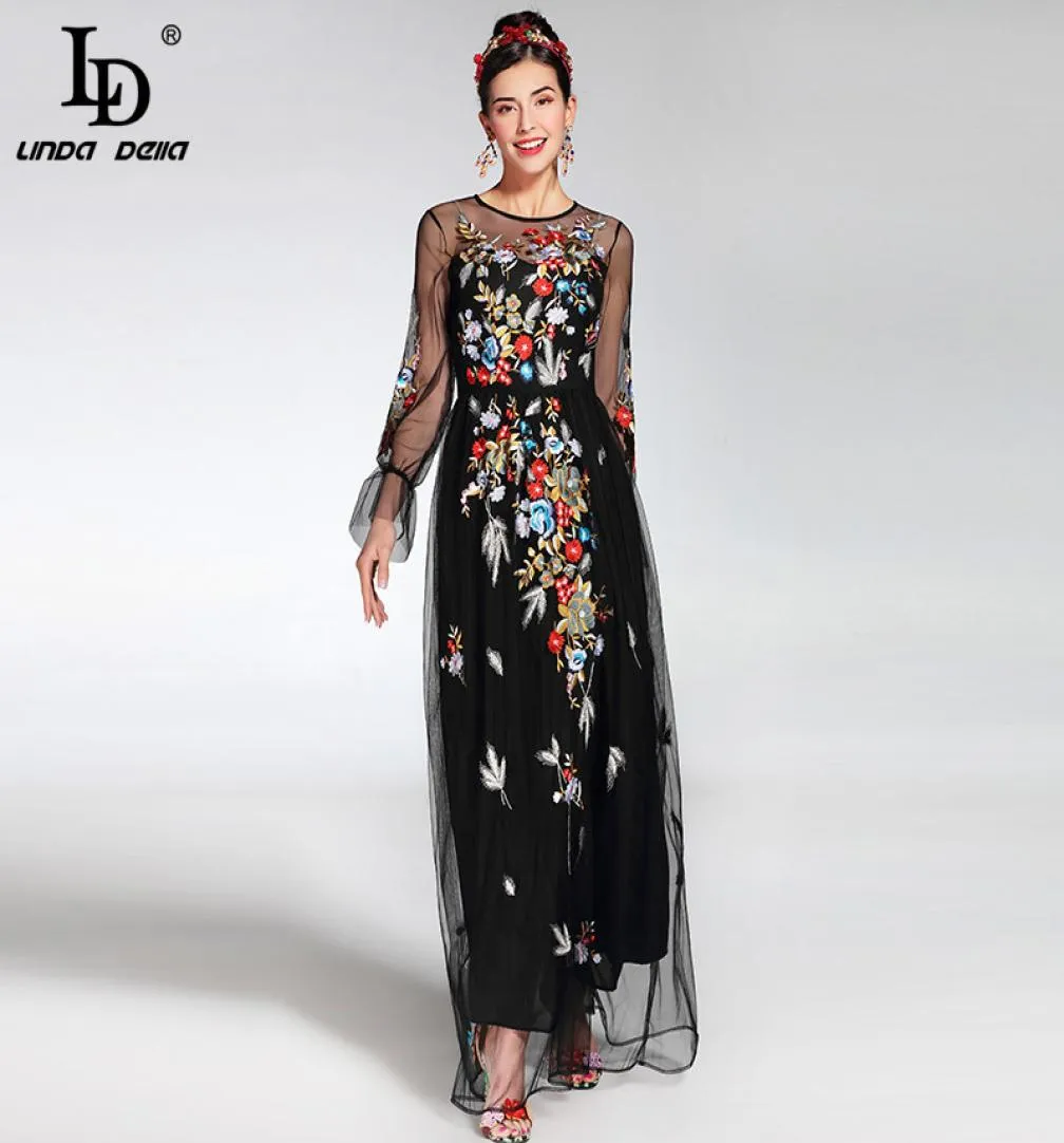 2019 Fashion Runway Maxi Kleid Frauen039s elegantes Langarm Tüll Gaze Blumenblumensticke Schwarzes Vintage Langes Kleid Y1905114182