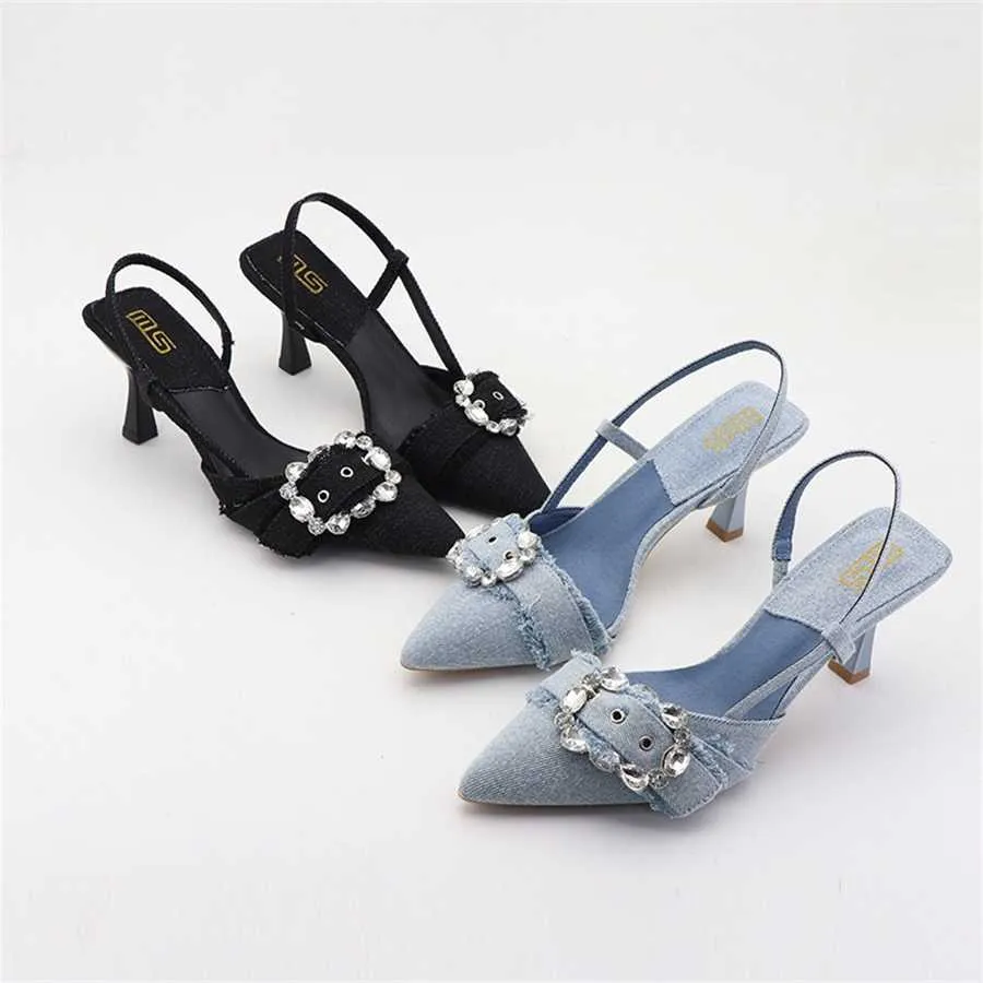 Hip Summer Sandal Denim Water Diamond Dress Shoes High Heel Sandals Pointed Thin Heels Comfortable Women Shoes Fenty Slides 240228