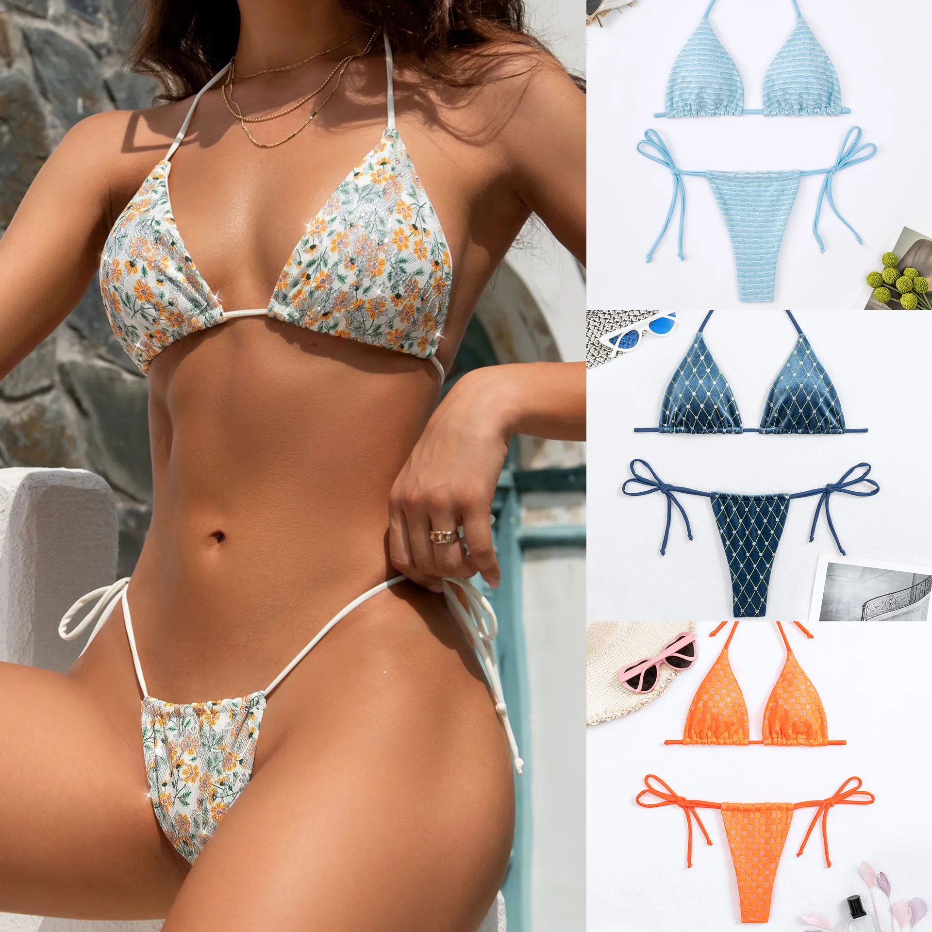 Sexy designer dames bikini set hete diamant diamant bloemen print badmode kleding mode jeugdmeisjes lage taille zwempak zwemkleding badpak push up strings top bh