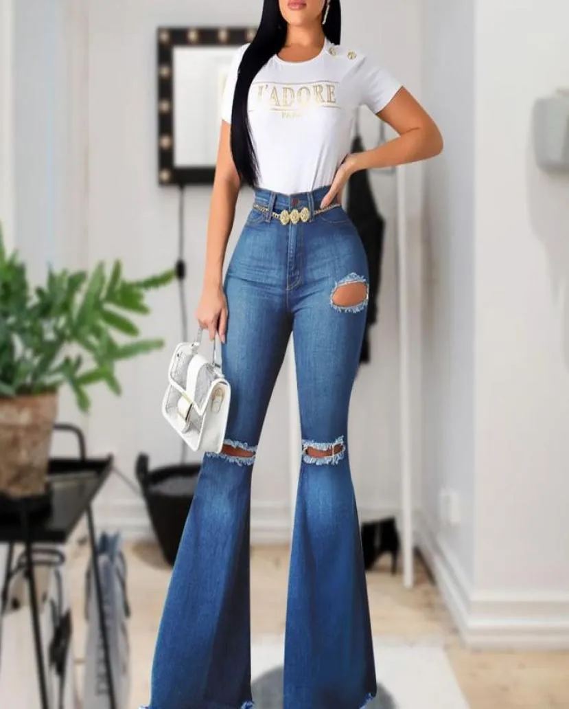 Flareleg jeans vrouwen nieuwe hoge taille jeans bell bodem gescheurd 2020 voor vrouwen denim mager mom wide been broek 2020250