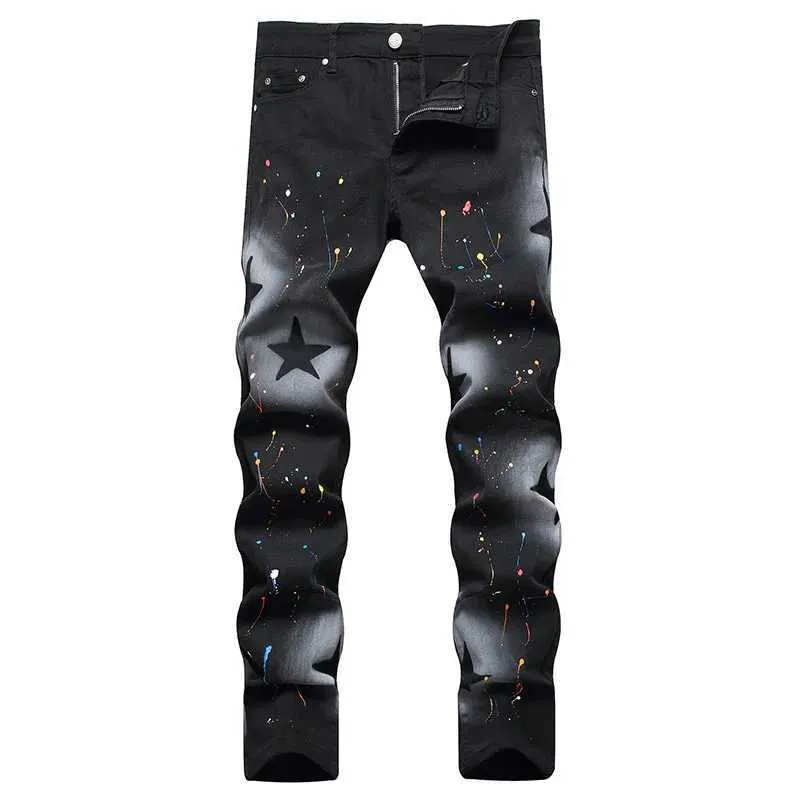 2023 Spring New Mens Fashion Black Jeans Spray Painting Slim Straight Jeans High Quty Jean Homme Male Denim Pants