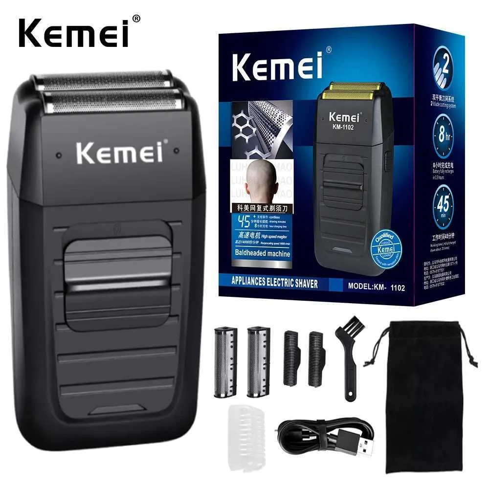 Shavers électriques Kemei KM-1102 rasoir sans fil rechargeable pour hommes lame jumelle alternative à la barbe Razor Face Care multifonction Strong Trimmer T240509