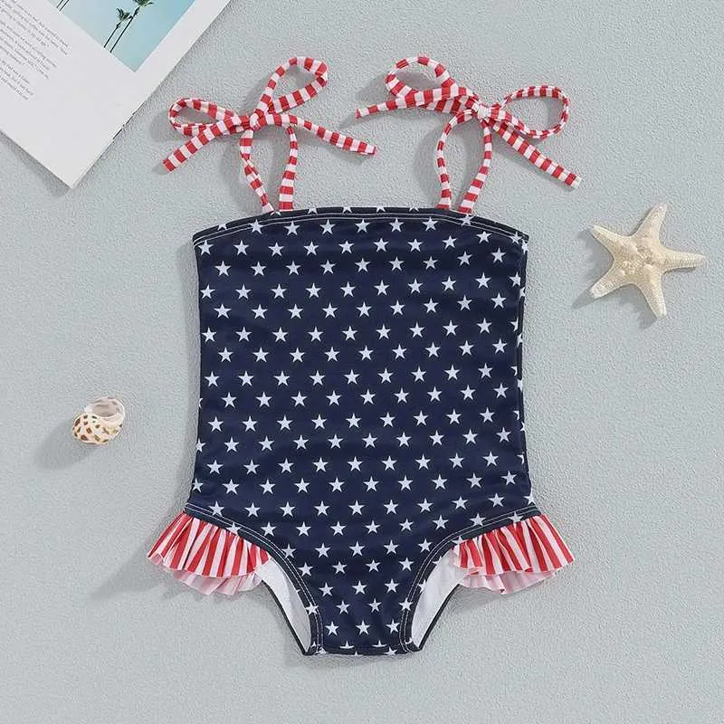 One-Pieces Little Girl 4th of July Swimsuit Star Print Striped Square Neck Tie-Up Spaghetti Strap Bathing Suit Infant Toddler Swimwear H240508