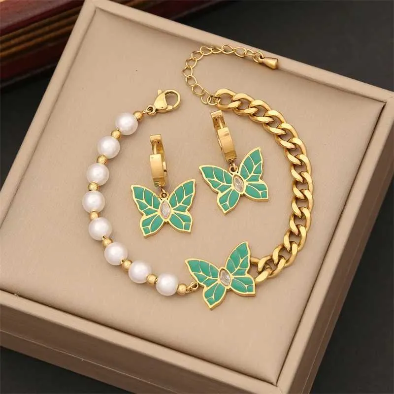 316L Stainless Steel New Fashion Fine Jewelry Zircon Pearl Green Butterfly Charm Chain Necklaces Bracelets Earrings For_voghion.com