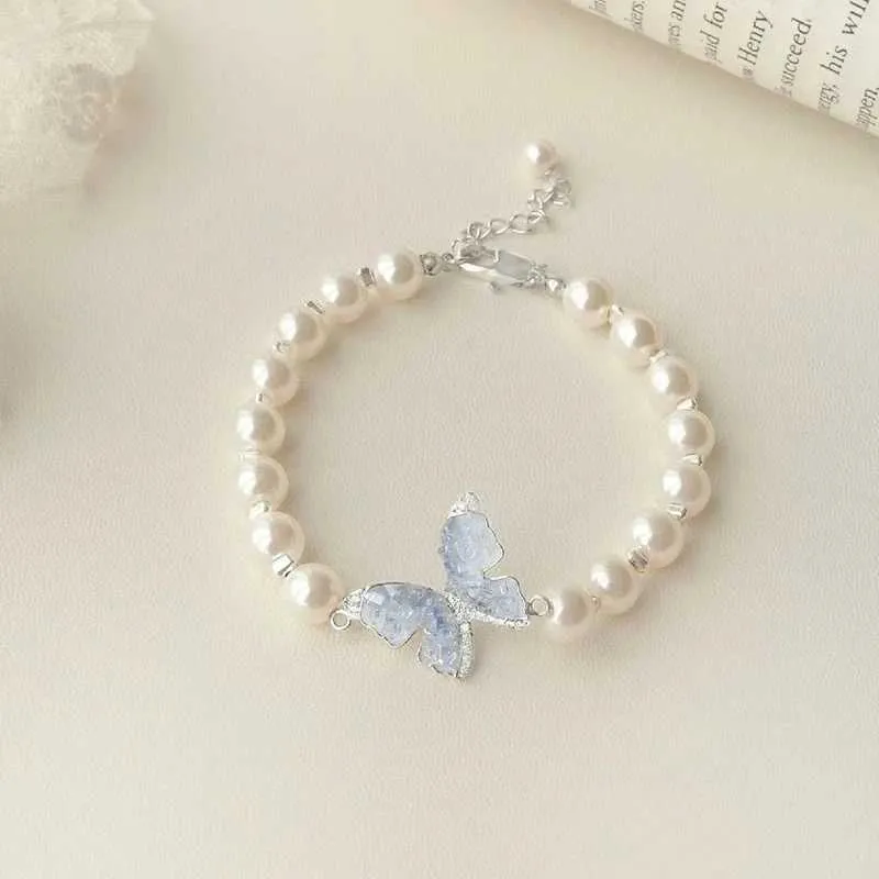 Charm Bracelets New Fashhion Blue Crystal Butterfly Pearl Bracelet Earrings Ring Necklace for Women Advanced Bilayer_voghion.com