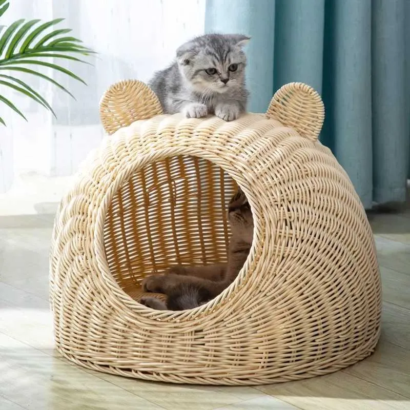 Katzenbetten Möbel Rattan 4-Jahreszeiten Katzenbettkühlung Nest für sommersemi-eingeläutetes Haustier Kenneltent für kleine Hundekatze Cat Cave Bettwaschmaschinen atmungsaktiv D240508