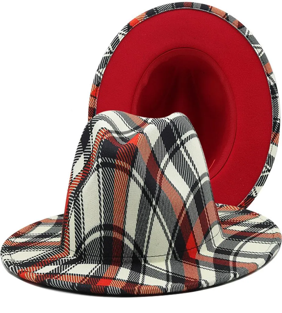 新しい格子縞のプリントジャズフェドーラ帽子レッド魅力者トップキャップワイドブリムエレガント教会ウェディングハットソムブレロスデミュージャー7828918